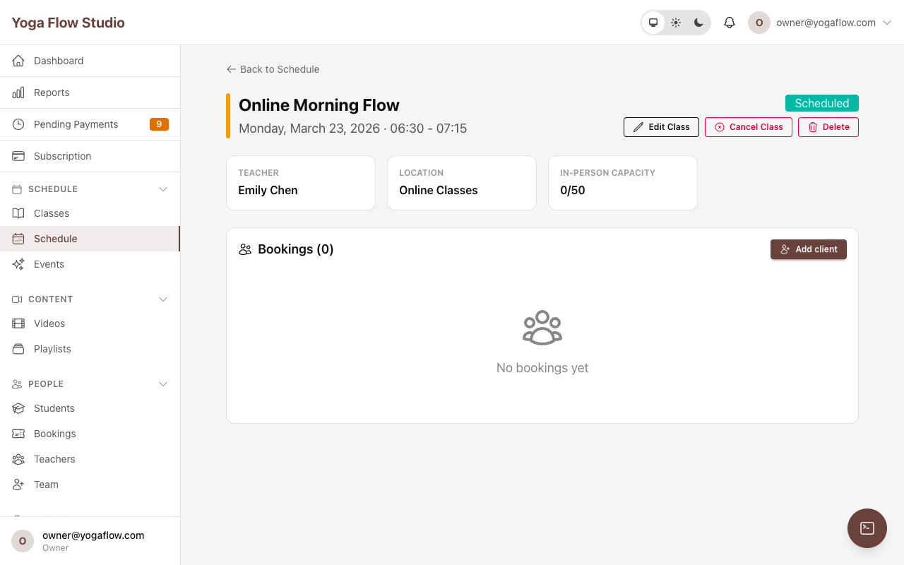Occurrence detail page with participant list and check-in controls